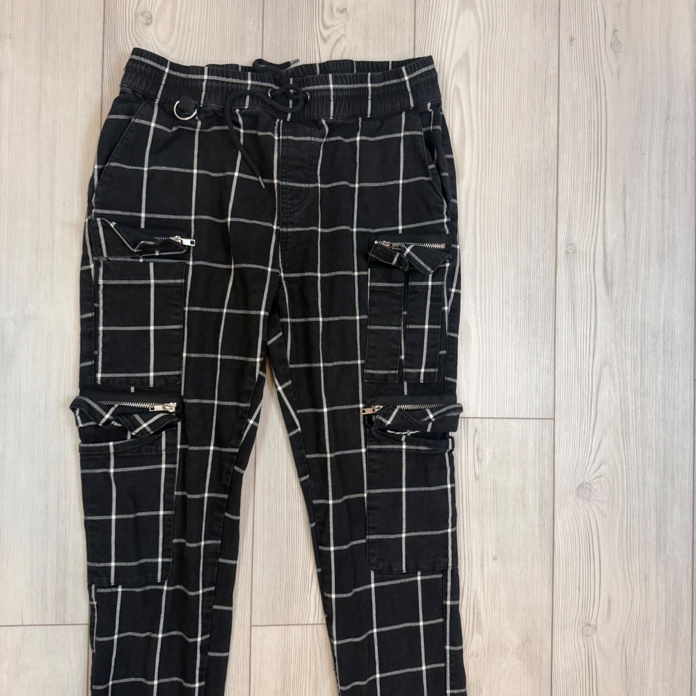 Hot Topic Black White Grid Plaid Cargo Jogger Pants Womens Medium Emo Grunge - Picture 2 of 10